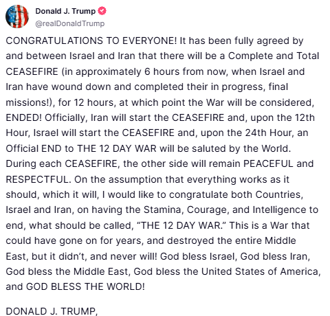 Trump anunció que Israel e Irán acordaron un alto el fuego